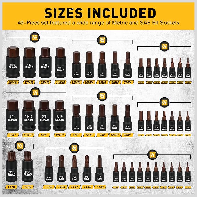 66-Piece Torx Bit & Hex Bit Socket Set: Premium CR-V & S2 Alloy Steel, Star T8-T70 & E-Torx E4-E24, High Torque Laser Marked for Automotive Mechanic