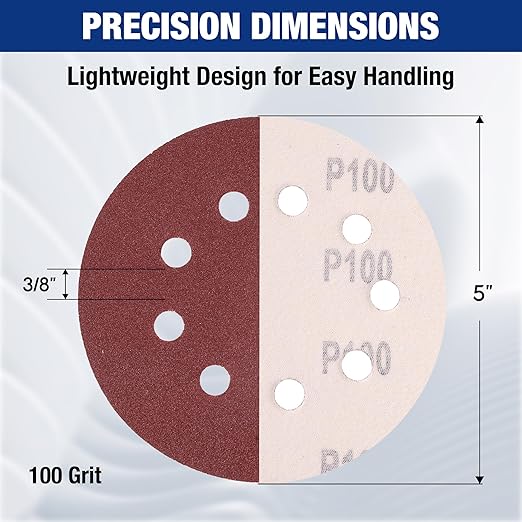 WORKPRO 50-Piece 100 Grit Sanding Discs - 5-Inch 8-Hole Hook and Loop Sandpaper for Random Orbital Sander (Not for Oscillating Tools or Mouse Sander)