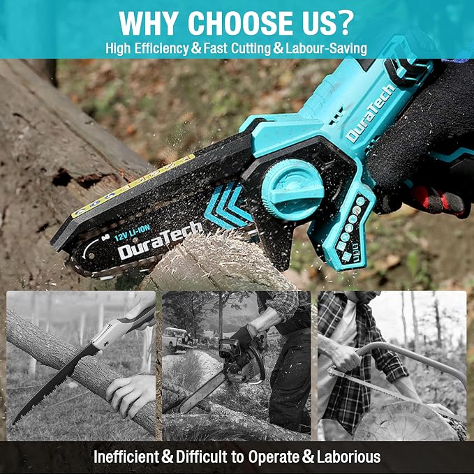 DURATECH 12V Mini Chainsaw, 6 Inch Cordless Electric Wood Cutting Saw | 2 Batteries, 2 Chains, One-Hand Operation, Portable Design, Tree Pruning, Garden Maintenance, Branch Cutting, DIY Projects