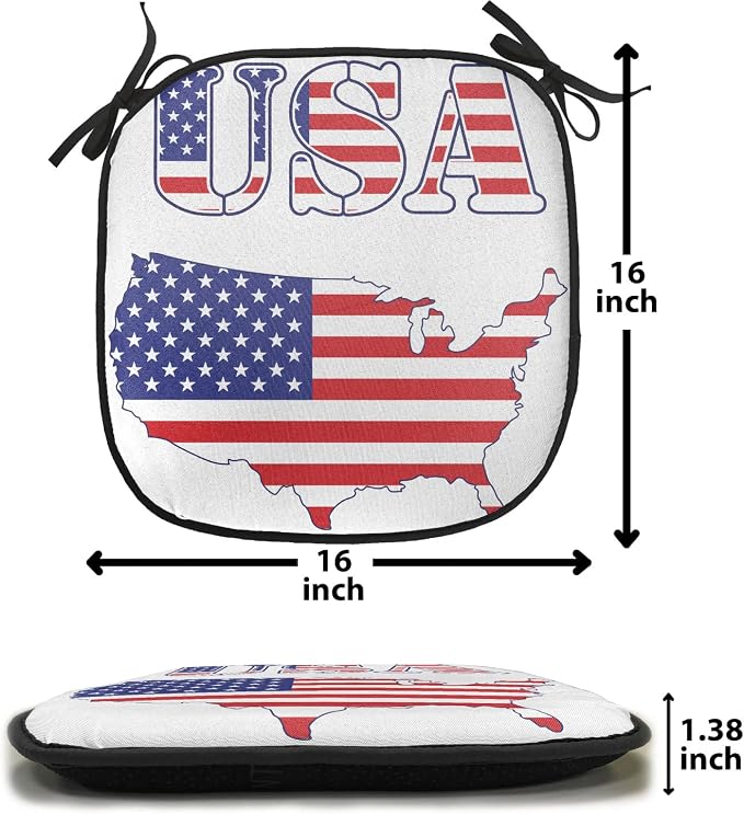 Lunarable Americana Chair Cushion Pad, USA Map Flag Stars Stripes National History American Illustration, Seat Padding for Kitchen & Patio with Anti-Slip Backing, 16"x16", Red White Blue