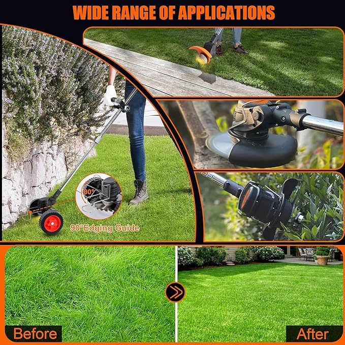 Electric Weed Wacker Cordless, 21V Lightweight Stringless Weed Wacker, Weed Trimmer, 3-in-1 Grass Trimmer/Brush Cutter/Edger, with Wheels,2pcs Batteries&4 Types Blades for Thick Weeds&Yard Garden