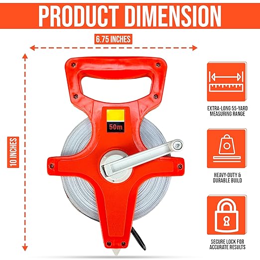 Harrier Hardware 55 Yard / 165 Foot Long Open Reel Tape Measure, Orange, SAE & Metric Scales, Durable for Construction Measuring Tape