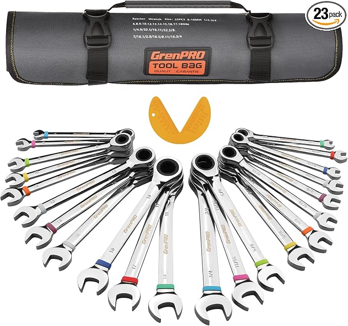 GRENPRO Ratchet Wrenches Set, 22Pcs 72-Tooth Combination Wrench Set with Roll up Pouch, SAE & Metric and Standard, 1/4" to 3/4" & 6mm to 18mm with Color Ring, CR-V Socket Mechanic Hand Tools Sets