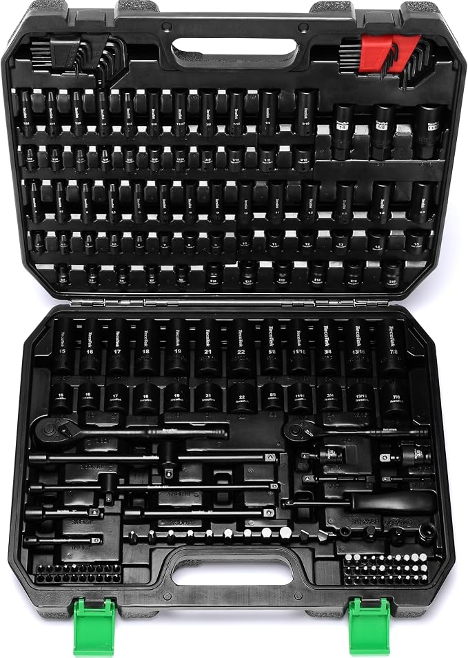 TecoTek 1/4" & 3/8" Dr. Impact Socket Set, 189 Piece Socket Wrench Set Mechanic Tools, Metric and SAE Full Set, CR-V, Deep & Shallow Socket with Ratchet Handle, Spark Plug Socket, Bits for Mechanic