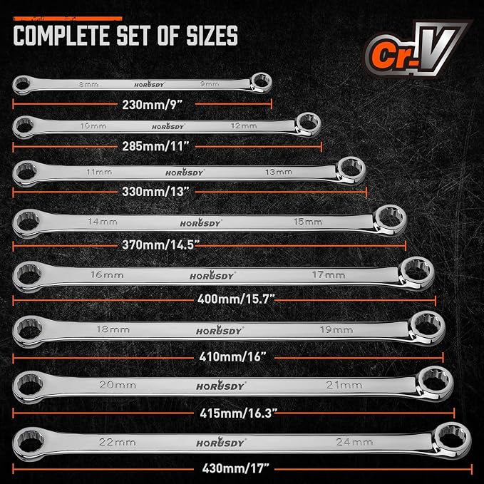 HORUSDY 8-Piece Extra Long Double Box-End Wrench Set, 12-Point Metric 8–24 mm, CR-V Steel, 15° Offset, Off-Corner Loading, with EVA Foam Organizer