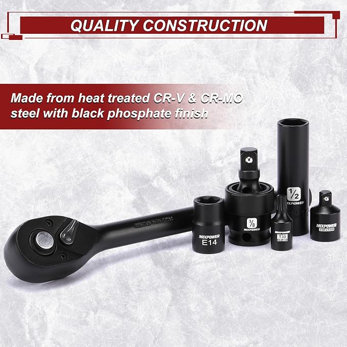 MIXPOWER 153 Pieces 1/4"&3/8"&1/2" Drive Mechanic Tool Set,Metric/SAE,6-Point,Deep and Shallow Sockets,Impact Universal Joint Swivel Sockets,Impact Socket Extension Bar