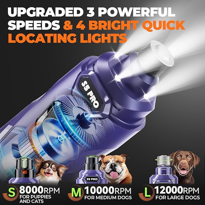 Whisper Quiet Dog Nail Grinder with 4 LED Lights, Safe & Stress-Free for Sensitive Dogs Cats of All Breeds & Sizes, 3 Grinding Bits, 3-Speed, Pet Nail Trimmers, Rechargeable Painless Grooming Kit Blue