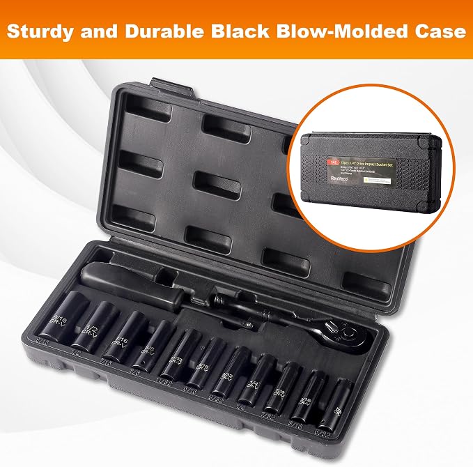 Reniteco 13-Piece 1/4" Drive Socket Set, SAE 3/16"-11/32", 72-Tooth, Cr-V | Deep Sockets, 6-Point Design, Drive Spinner Handle, Cr-V Steel, Ideal for Small Fasteners & Tight Spaces