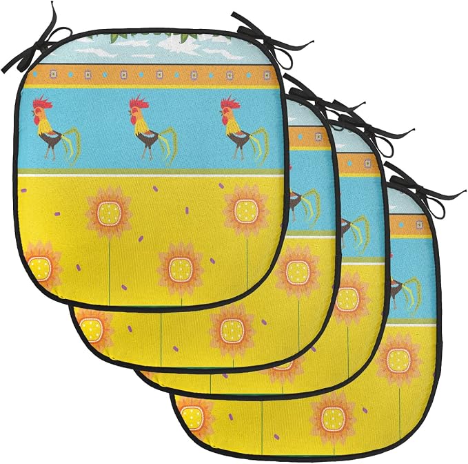 Lunarable Gallus Chair Cushion Pads Set of 4, Rooster Pattern with Sunflowers Summer Greenery Sky Floating Clouds Clipart, Anti-Slip Seat Padding for Kitchen & Patio, 16"x16", Earth Yellow Blue