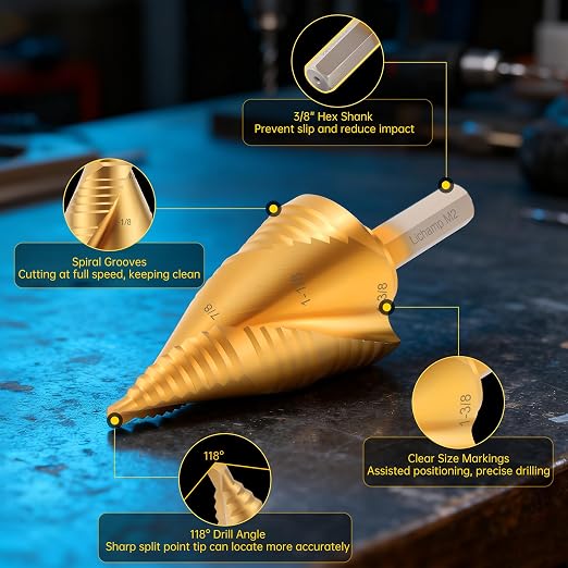 Lichamp Unibit Step Drill Bit for Metal, Genuine HSS M2 Drill Stepper Bit for Hard Metal Heavy Duty, 19 Sizes from 3/16" to 1-3/8", Spiral Grooved with Hex Drive, C2GD