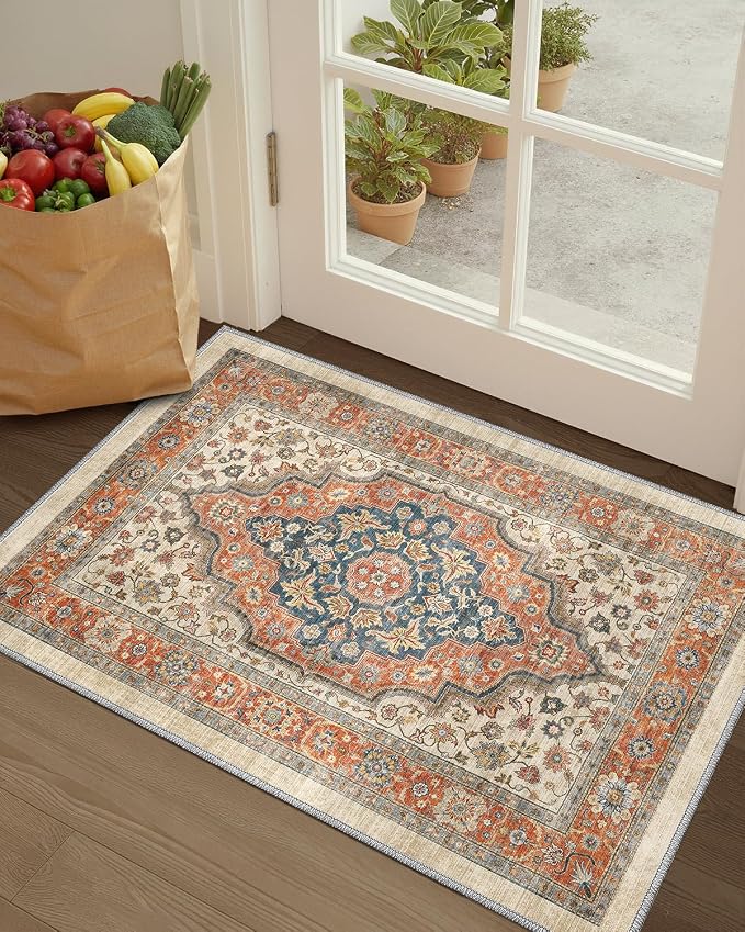Color&Geometry Vintage Kitchen Rugs Sets of 3, Machine Washable 4mm Ultra Thin Stain Resistant Kitchen Floor Mats, Non Slip TPE Backing Runner for Sink,Hallway,Laundry,Entryway (2x3+2x5+2x7)