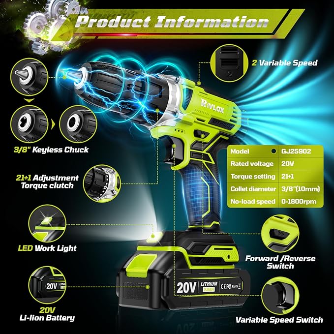 20V Cordless Drill Set,Electric Power Drill Cordless,Power Drill Drivers,Electric Screwdriver - 2.0Ah Batteries, 30Nm，21+1 Torque,2 Speed,34pcs Acessories,Built-in LED,Kit for Home,Green