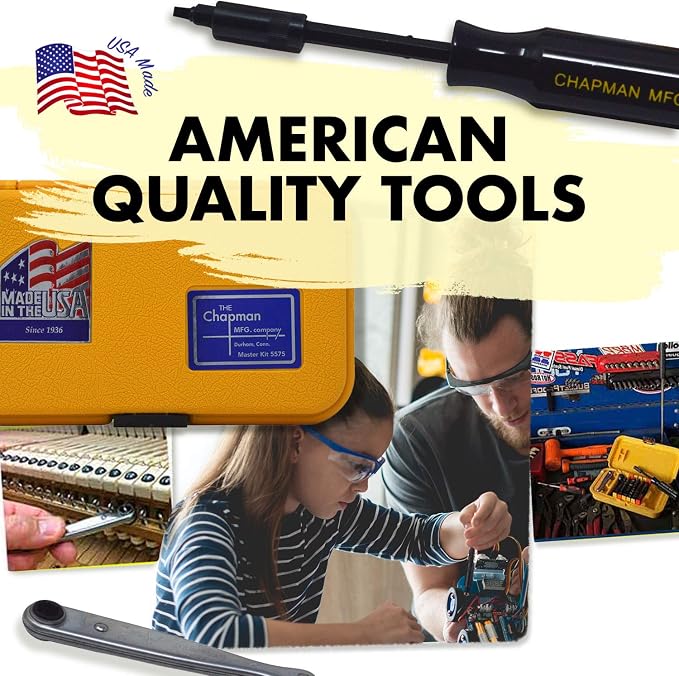 Chapman MFG 9600 Starter Slotted Screwdriver Set - 20 Pieces - Includes 14 Slotted Head Insert Bits, 2 Phillips, Mini Ratchet, Screwdriver Handle, Extension + Open Slots, USA Made (Yellow Case)