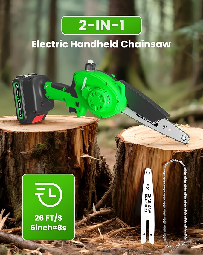 Electric Mini Chainsaw for Pruning Small Trees, Brushless 8 inch & 6 inch Portable Hand Saw with 2 Rechargeable Batteries, 1000W Handheld Chain Saw for Wood Cutting, Gardening Gifts for Mother's Day