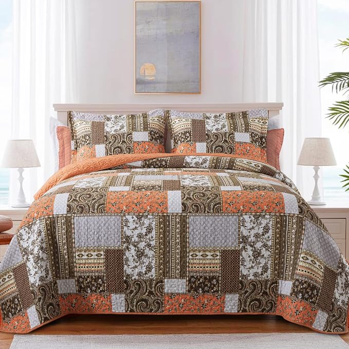BEDIFANY Cotton California King Size Quilt for Farmhouse- Fall Patchwork Bedspread Set - Highly-Woven Soft Reversible Oversized King Size Coverlet for All Seasons (Floral Orange) 3 Pieces