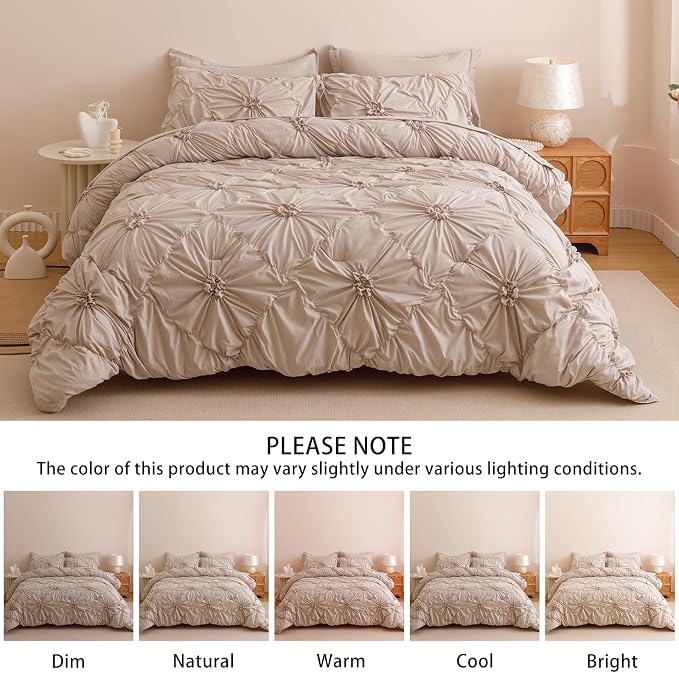 Nttopship Khaki King Comforter Set - 7 Pieces Bed in a Bag, Premium Comforters King Size Bed Set Pintuck Pinch Pleat Complete Comforter Set with Flat Sheet, Fitted Sheet and Pillowcases,Khaki