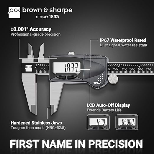 Brown & Sharpe Digital Caliper Measuring Tool, 8" Stainless Steel Vernier Caliper Digital Micrometer with .0005"/0.01mm Resolution, IP67, Electronic Slide Caliper for Laboratory, Factory, DIY