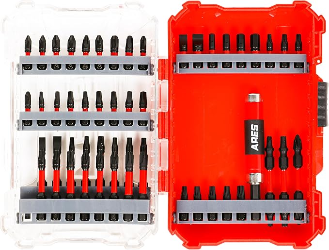 ARES 31022-52-Piece Torsion Power Bit Set with Sliding Bit Holder – Includes Standard and Reduced Philips, SAE Hex, Standard Torx, Slotted, Double-Ended Power, and Square
