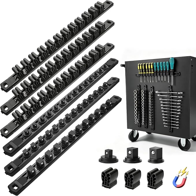 Reniteco 6-Piece Magnetic Socket Organizer and Screwdriver Organizer Set | 3-Piece 1/4", 3/8" & 1/2" Drive Socket Rails, 3-Piece Wrench Screwdriver Holder, Interchangeable Clips, Aluminum Alloy Rail