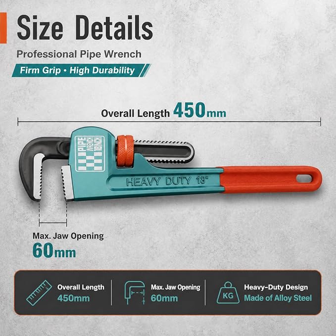 Heavy Duty Pipe Wrench, 18" Adjustable Straight Plumbing Wrench, High Drop-Forged jaws, Professional Pipeline Tool for Water Pipe Fittings, Mechanical assembly, Workshop Operations