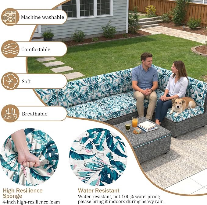 14 Piece Outdoor Furniture Replacement Cushions, Cover+Filling, 25.6" x 25.6" x 4" Foam Waterproof Outdoor Sofa Cushion Sets, Fit Wicker Rattan Sectional Conversation Set,Leaves