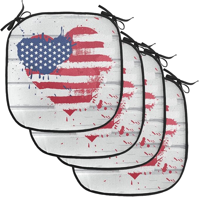 Lunarable Americana Chair Cushion Pads Set of 4, USA Flag in Heart Shape on Wood Holiday Splattered Grunge Style Illustration, Anti-Slip Seat Padding for Kitchen & Patio, 16"x16", Cream Red Blue