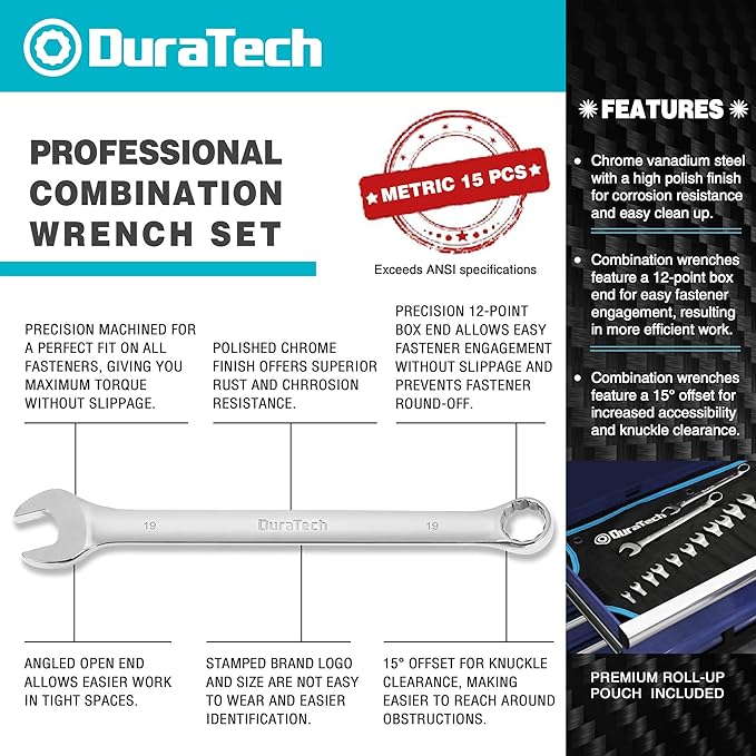 DURATECH Combination Wrench Set, Metric, 15-Piece, 8-22mm | 12-Point, CR-V Steel, Rolling Pouch