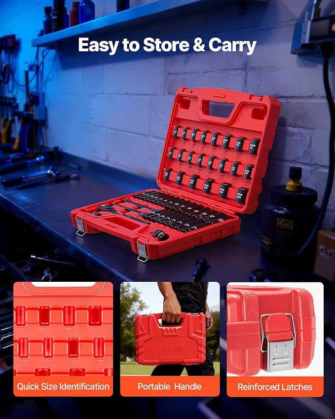 VEVOR 3/8" Drive Impact Socket Set, 50-Piece, Deep & Shallow Kit | SAE (5/16" to 3/4") & Metric (8-22 mm), 6 Point, CR-V, Ratchet Handle, Extension Bars, Universal Joint, Reducer, Adapter