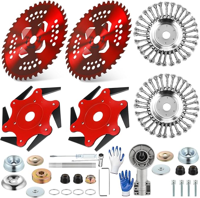 Duraaamo 7 Pcs Brush Cutter Kit Include 10" x 40T Carbide Tipped Blades, 10" x 6T Blades with Adapter Kit, 8 Inch Steel Wire Rotary Head and Trimmer Head Replacement