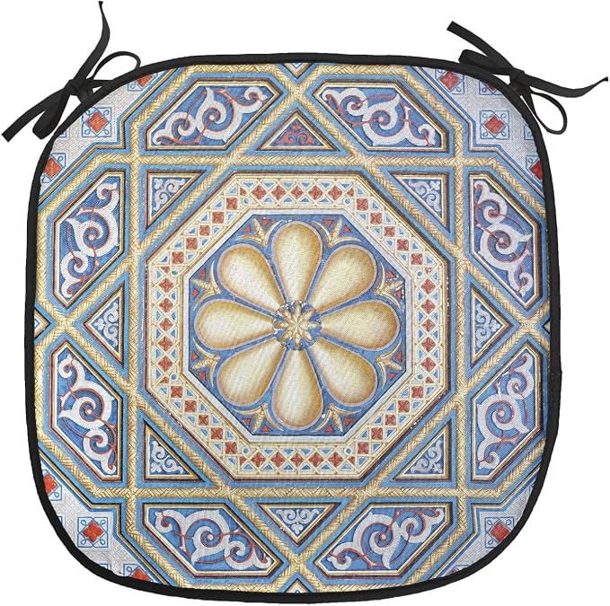 Lunarable Moroccan Chair Cushion Pads Set of 6, Image of a Carving Art Flower Doorway Entrance Geometric, Anti-Slip Seat Padding for Kitchen & Patio, 16"x16", Blue Pale Yellow Redwood