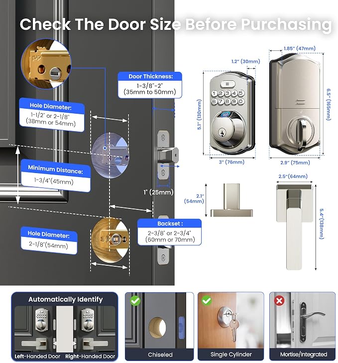 Veise VE012W-L WiFi Fingerprint Deadbolt Lock with Handle Set, Satin Nickel | Built-in WiFi, APP Remote & Voice Control, Real-time Alert, Smart Keyless Entry for Front Door, Back-Lit Keypad, Auto Lock