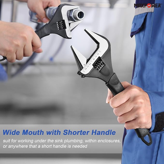 MAXPOWER 6 10-inch Wide Jaw Stubby Adjustable Wrench Set | Wider Mouth Plumbing Wrench Short Handle Comfortable Grips