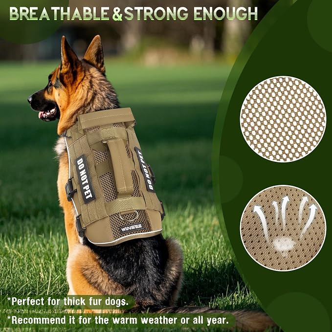 Tactical Molle Vest Mesh Dog Harness with 10 Removale Pet Patches | Breathable Service Dog harness with Double Soft Padded Handle for Medium Dog, Reflective Military Pet Vest for Walk Hiking