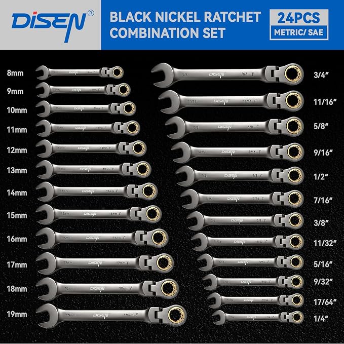 DISEN Ratcheting Wrenches Set 90 Tooth Flex-Head with Nickel Plating 24 Pcs | Ratchet Wrenches Set 12pcs Metric(8-19 MM) + 12pcs SAE (1/4-3/4 IN) with Organizer Racks per Set, Cr-V, for DIY Holiday Gift