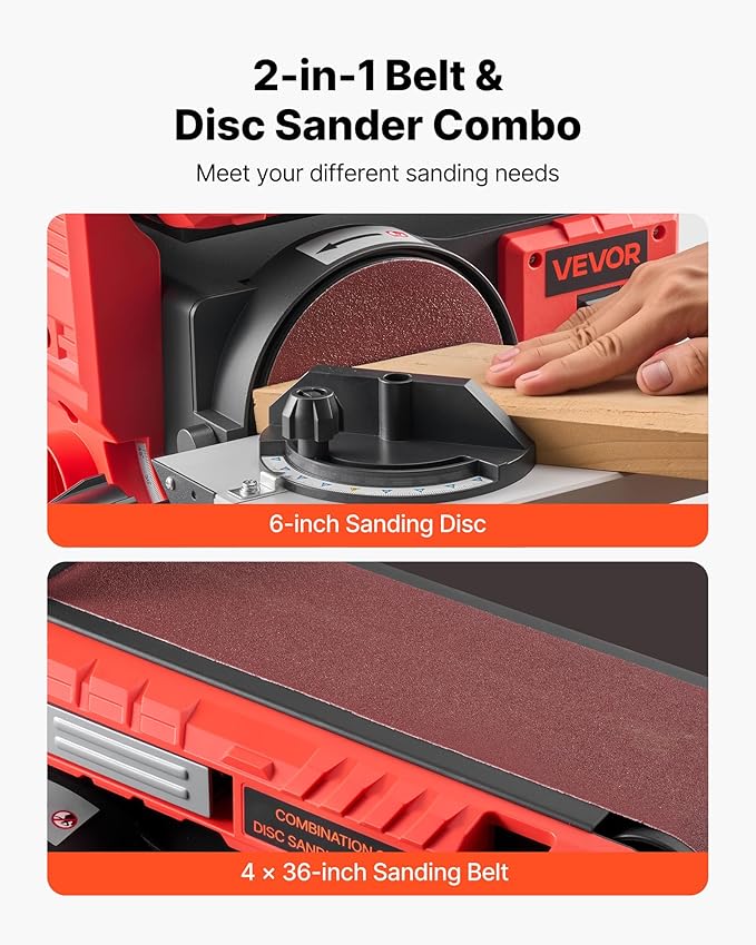 VEVOR 6" Disc Sander & 4" x 36" Belt Sander, 400W Professional Belt Disc Sanders Combo with 0-45° Adjustable Worktable & Dust Collection Port for Woodworking, Knife Sharpening, DIY Crafting
