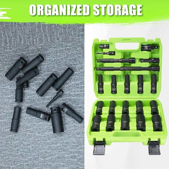 SUNHZMCKP 1/2" Socket Set, 21pcs Drive Deep Impact Socket Set, 6 Point Standard Metric Sockets (10mm - 24mm), Including 3 ", 6", 10" Impact Extension Bar and Drill Socket Adapter, Cr-MO