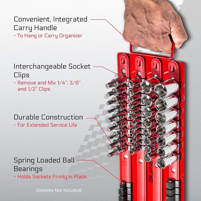 Carbyne 80 Piece Socket Organizer Tray | Fits 1/4-Inch, 3/8-Inch, 1/2-Inch Drive Sockets, Heavy Duty Socket Rail, Red Rails with Black Clips