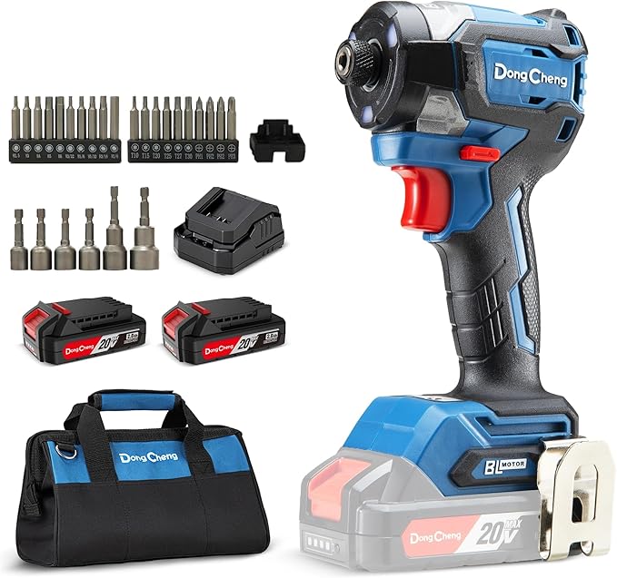 Dong Cheng 20V Brushless Impact Driver, 1840in-lbs Torque, with 2 x 2.0Ah Batteries, 3200RPM, 4300IPM, 1/4" Hex Chuck, 4 Work Modes for Home Improvement and DIY Projects