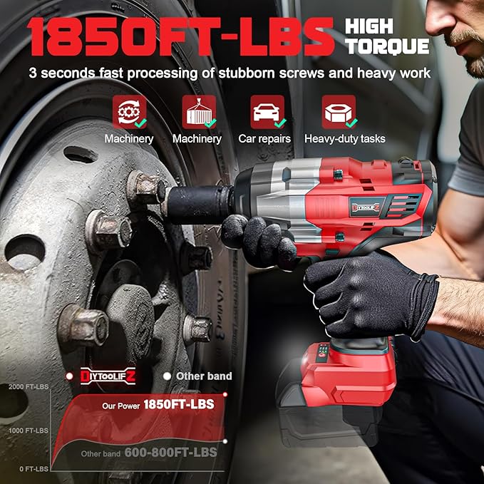 DIYtoolifz 3/4" Cordless Impact Wrench Compatible with Milwaukee 18V Battery: 1850FT-LBS(2500N.m) High Torque Impact Driver, Auto-Stop Reverse, 4-Speed Heavy Duty Impact for Car/Truck/Mower(Bare Tool)