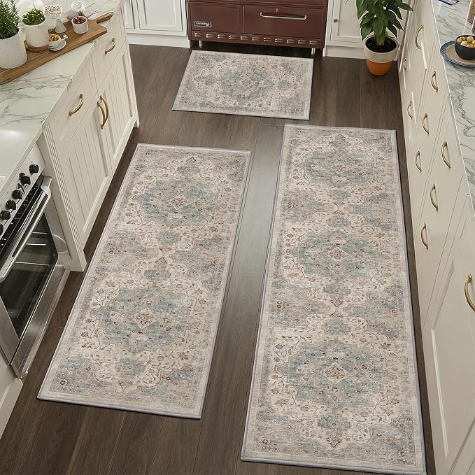 Color&Geometry Vintage Kitchen Rugs Sets of 3, Machine Washable 4mm Ultra Thin Stain Resistant Kitchen Floor Mats, Non Slip TPE Backing Runner for Sink,Hallway,Laundry,Entryway (2x3+2x5+2x7)