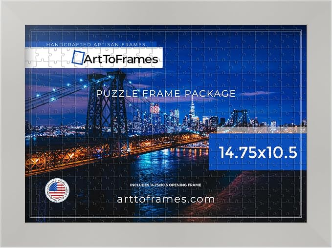 ArtToFrames Puzzle Frame for Buffalo Games 48, 72, 100 Piece Jigsaw Puzzles, 14.75x10.5 Inch (37x27 cm), Antique White Engineered Wood with Regular Glass, Ready to Hang Puzzle Display
