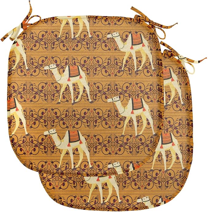 Lunarable Camel Chair Seating Cushion Set of 2, Traditional Pattern with Strokes Desert Animal Repetition in Folk Accessories, Anti-Slip Seat Padding for Kitchen & Patio, 16"x16", Apricot and Cream