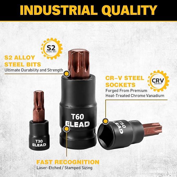 31-Piece Torx Bit Socket Set: Premium CR-V & S2 Alloy Steel, Star T8-T70 & E-Torx E4-E24, High Torque Laser Marked for Automotive Mechanic