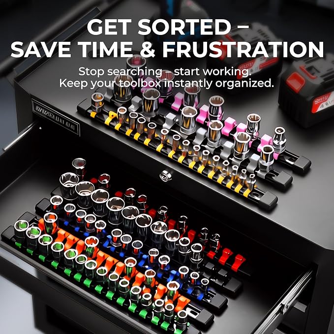 Reniteco 12-Pack Socket Organizer Set, 1/4" x 64 3/8" x 60 1/2" x 48 Clips | 172 Clip Capacity, Havy-Duty ABS Socket Rails, Removable Clips, Drive Socket Storage, Toolbox Drawer or Wall Mount