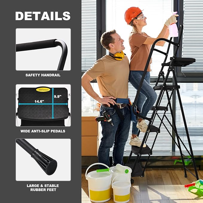 HBTower 5 StepLadder, FoldingStepStool +$40 PrePaid Virtual VISA® with Wide Anti-Slip Pedal, Sturdy Steel Ladder, Convenient Handrail, Light-weight, Portable Steel Step Stool