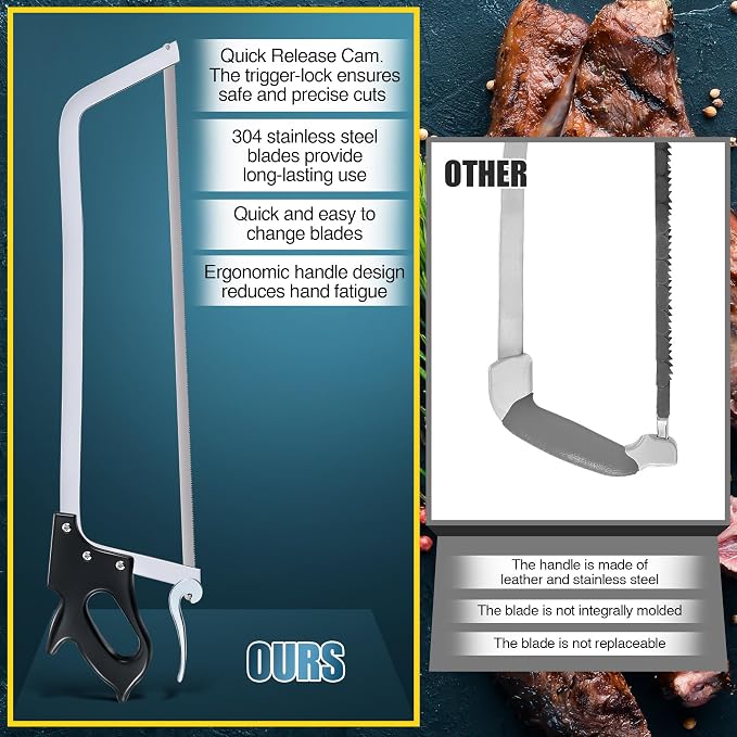 25 Inch Butcher Saw Meat and Bone, Professional Meat Processing Saw with Stainless Steel Blade, Quick Release Black Tightening Cam Comfort Handle, for Household, Processed Livestock and Game