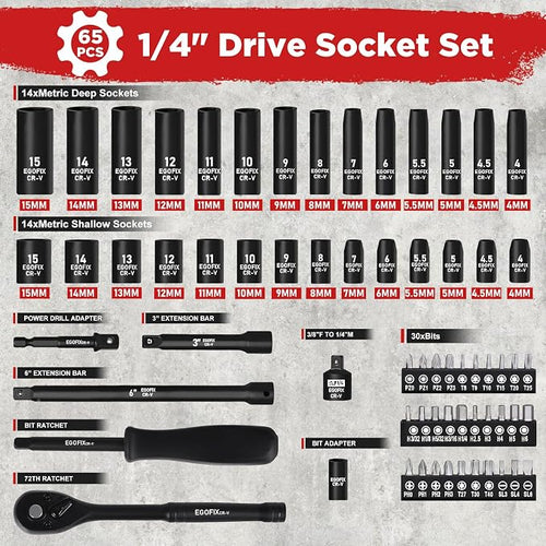 1/4" Ratchet Wrench Socket Set 65 Piece, Metric Shallow Socket (4-15mm) and Deep (4-15mm), with 72-Teeth Ratchet, Screwdriver Bit Set, Small Tool Kit for Home Use and Automotive Repair