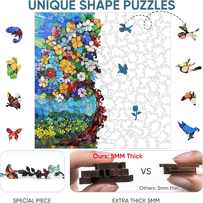 Delobil Mosaic Art Flower Tree Wooden Puzzle for Adults, 5mm Thick Stained Glass with 200 Unique Shaped Pieces, Challenge Puzzle Gift for Adults, 11.2 x 11.2 Inches