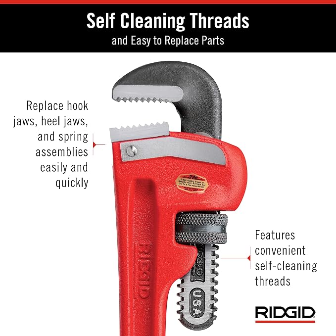 RIDGID 31010 Model 10 Heavy-Duty Straight Pipe Wrench, 10-inch Plumbing Wrench, Red, Black, 250mm (10in)