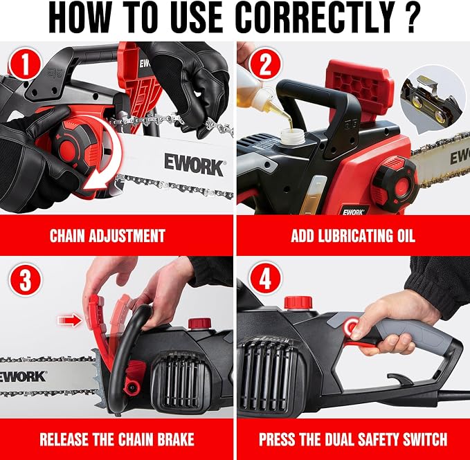 EWORK Electric Chainsaw Corded 16-Inch 15 Amp Electric Chain Saws | Corded Chainsaw with Tool-Free Chain Tension, Auto Oiling, Low Kickback, Robust Chainsaw for Tree Cutting, Pruning, Firewood